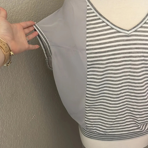 MONAMIE grey and white striped open sleeve semi sheer top - Picture 5 of 9